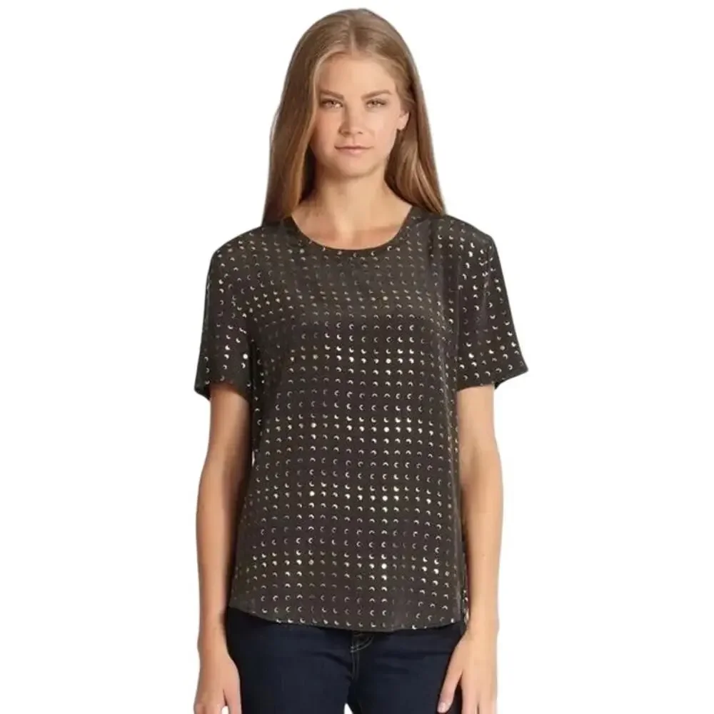 Equipment Gold Moon Phases Black Silk T-Shirt Womens Size XS